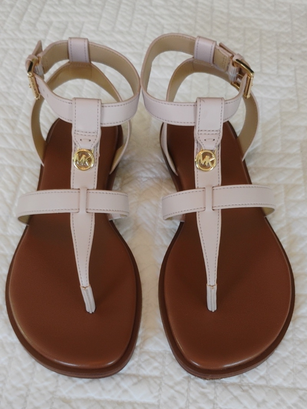 Michael Kors Pale Pink Faux Leather T-Strap Sandals with Gold MK Accent